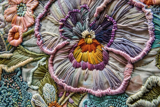Zbliżenie haftu kwiatowego
